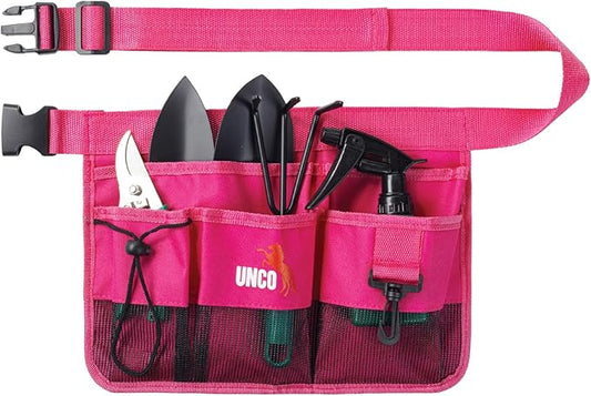 UNCO- Adjustable Gardening Belt, Pink, 7 Pockets, Wear, Cut and Water Resistant, Garden Tool Belt Pouch, Waist Apron with Pockets