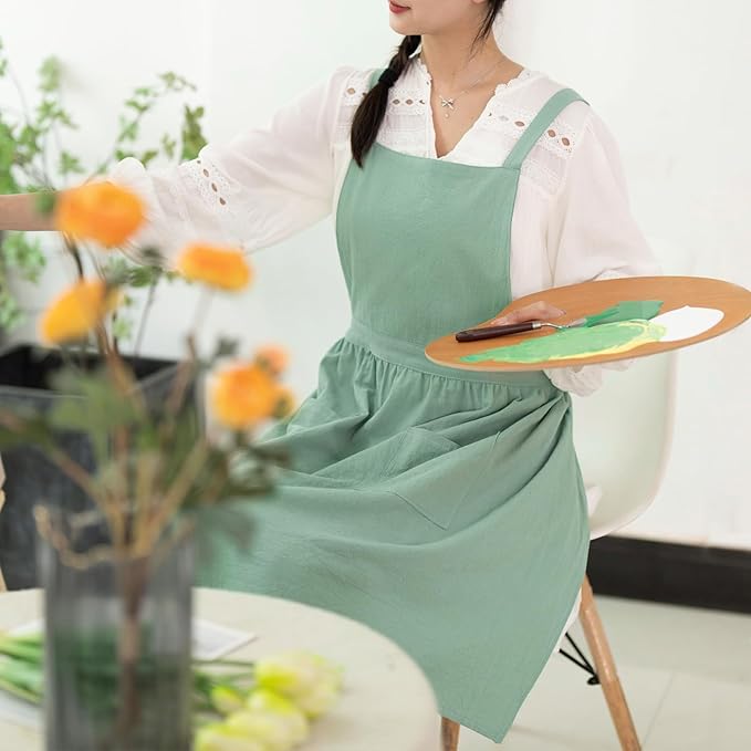 Cotton Linen Pinafore Apron Dress for Women with Pockets Cute Art Chef Aprons for Kitchen Baking Gardening Painting