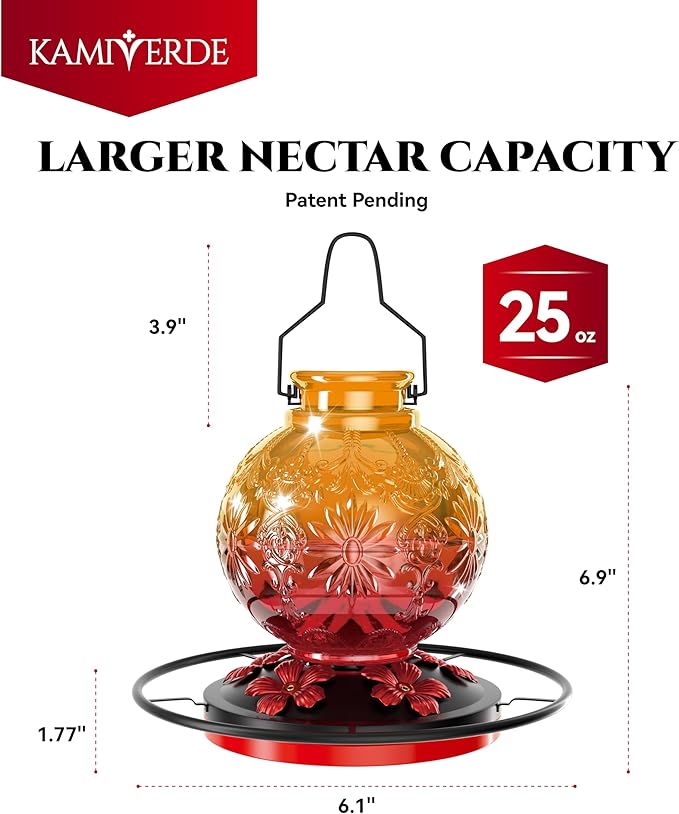 Glass Hummingbird Feeder for Outdoors, 25Oz Large Decorative Hanging Hummingbird Feeder, Leak Proof Durable Wild Bird Feeders, Hummingbird Gifts for Women & Mom, Garden Decor Window Feeder, Orange