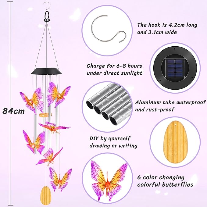 Womens Gifts for Christmas Wind Chimes Gift for Mom Birthday Gifts for Women Mom Butterfly Wind Chimes for Outside Gift for Grandma Solar Lights Garden Outdoor House Patio Décor