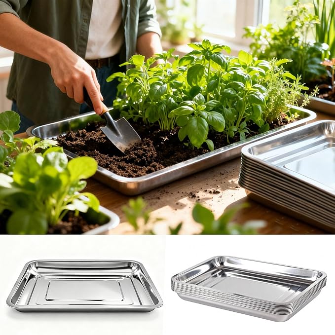 10-Pack 16 Inch Stainless Steel Growing Trays, Heavy-Duty Metal Sprouting Tray for Plants, Stainless Steel Plant Germination Trays for Hydroponics, Transplanting (Silver)