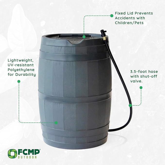 FCMP Outdoor 45 Gallon Heavy Duty Rain Water Catcher Barrel Container with Hose and Debris Screen for Outdoor Plants, Garden, and Landscapes (RC45-GRY) Grey