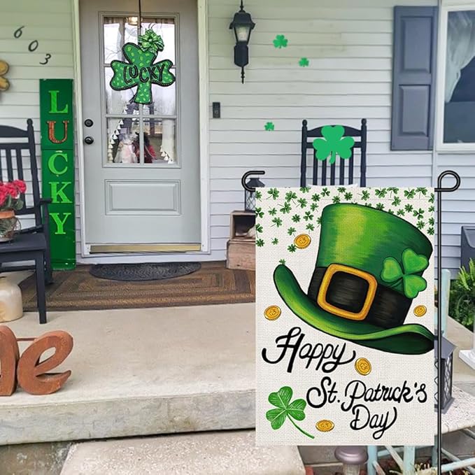 Happy St Patricks Day Garden Flag Burlap 12x18 Double Sided, Green Hat Shamrocks Lucky Clover Holiday Party Sign Small Flags Yard Outdoor Decorations DF660