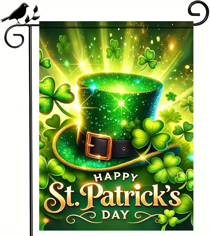 Happy St Patricks Day Garden Flag 12 x 18 inch Double Sided Outside Decorations,Spring Shamrock Green Hat Small Garden Flags For Outdoor Yard Lawn