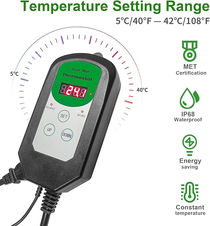 Bestio10"x 20.75" Seedling Heat Mat and Digital Thermostat Combo Set,MET & UL Certified Plant Heat Mat Heat mat for Plants for Germination,Suitable for Indoor Gardening,Greenhouse, Plants Germination