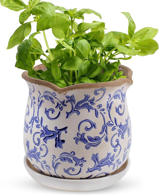 Ceramic-Planters-for-Indoor-Plants with Saucer, 6 inch Vintage Ice Crackle Glaze Plant Pots with Drainage Holes, Decorative Flower Pots for Outdoor Garden Home Decor, Tuscan Pot for Plant