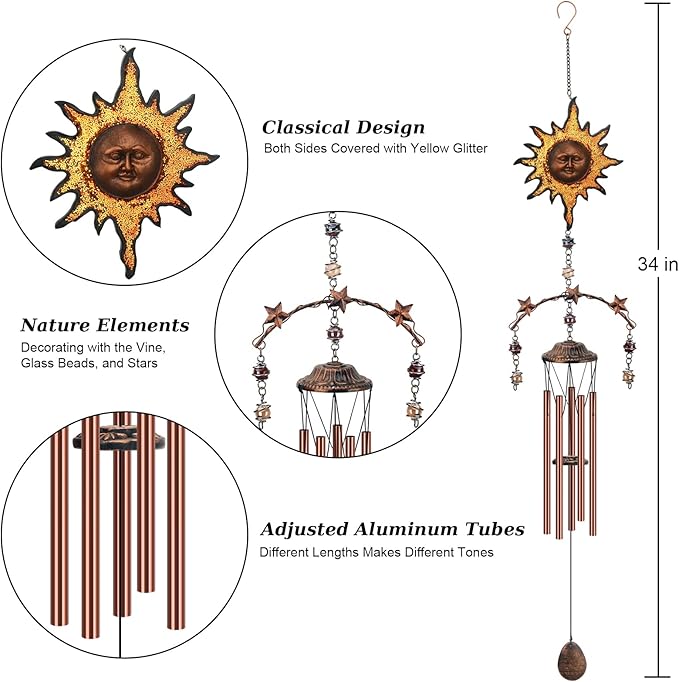 Yellow Sun Wind Chime - Wind Chimes for Outside Deep Tone 34 inches 5 Aluminum Tubes, Birthday, Memorial Gifts for Dad, Grandpa, Son, Decoration for Home, Garden, Patio, Backyard