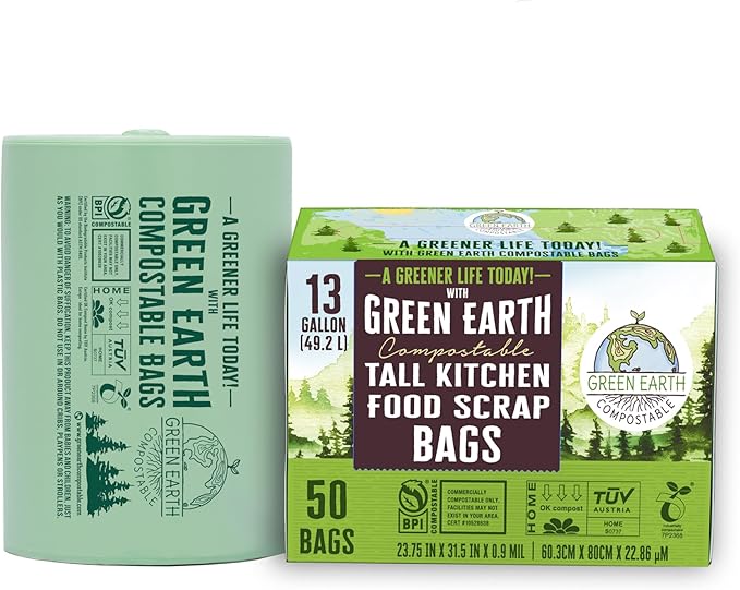 Green Earth Compostable Tall Kitchen Food Scrap Trash Bags, Compost Bin Compatible, 13 Gallon, 49 Liter, 200-Count, Superior Strength 0.9 Mil, ASTM D6400, BPI (US) & OK Compost Home (EU) Certified