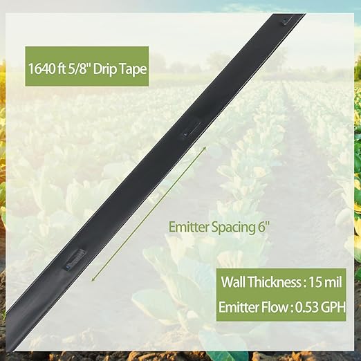 1640 ft 5/8" Drip Irrigation Tape Kit 15 mil Emitter Spacing 6" Flat Drip Tape with 140 PCS Drip Tape Connectors Automatic Irrigation Equipment for Garden Irrigation Emitter Flow:0.79 GPH