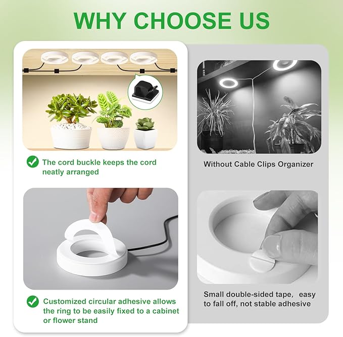 LED Plant Growth Lights for Indoor Plants, Warm+White Full Spectrum 3.54" Grow Lamps for Plant Growth with 6/12/16H Timer, 3 Spectral Modes, 10 Dimmable Levels, Halo Angel Ring White (4 Head)