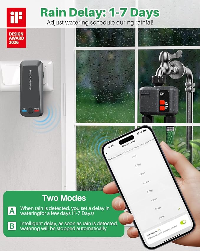 WiFi Sprinkler Timer 2 Zone with 984 Feet RF Gateway, 2 Outlet Smart Water Timer for Garden Hose with Rain Delay/Manual/Automatic,WiFi Water Hose Timers for Garden & Lawns