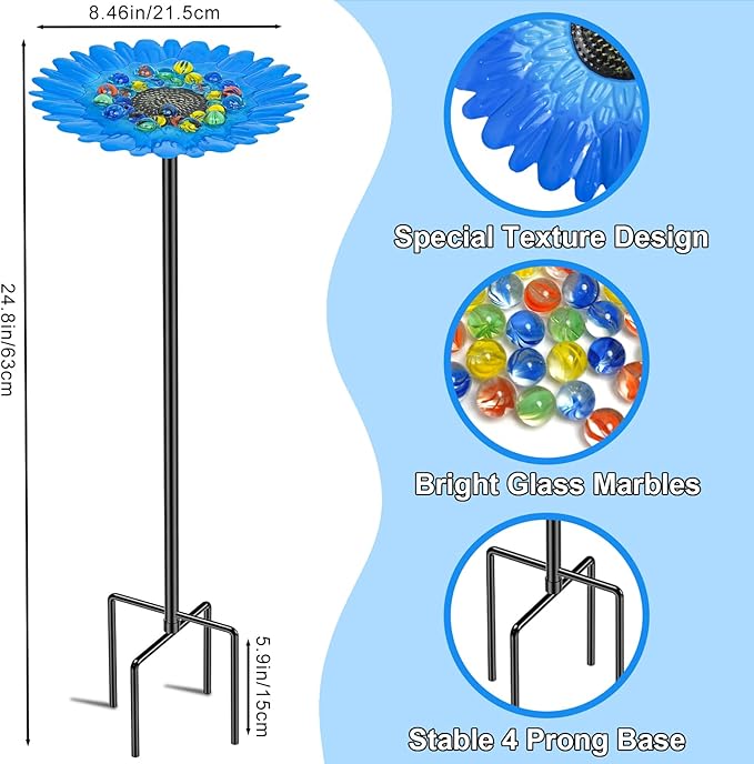 Bee Watering Station Feeder, Metal Butterfly Water Feeder with 30 Colorful Glass Marbles, Bee Waterer Feeder for Butterfly Bird Garden Outdoor Decors (Blue Chrysanthemum)
