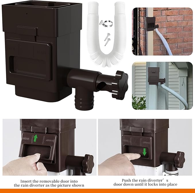 Anivia Rainwater Collection System, Downspout Diverter Fits for 2x3 or 3x4 Inch Standard Downspouts, Rain Barrel Diverter Kit with Adjustable Valve and Filter. 5ft Hose - Brown