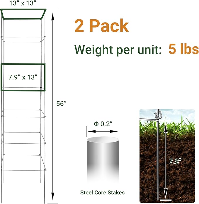 Metal Foldable Tomato Cages 13" x 56", Square Tomato Cages Plant Support for Vegetable Garden, Heavy Duty Tall Tomato Cages for Beans, Tomatos, Cucumbers - 2 Pack