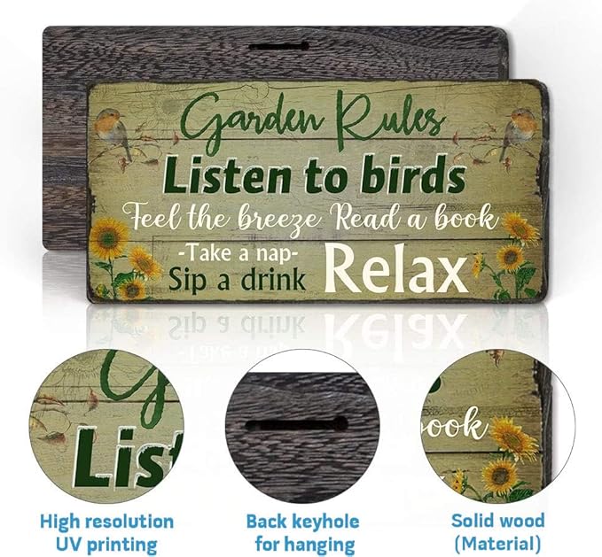 Retro Garden Rules Sign Vintage Signs for Home Porch Patio Yard Shed Decor Hanging Garden Plaque Listen to Birds Quotes by 16''x8''