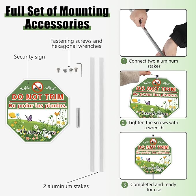 2 Pack 10" x 28" Do Not Trim Yard Signs with Stake and Accessories, Rust Free Aluminum Composite, Bilingual Garden Metal Do Not Mow Signs for Outdoor Lawn