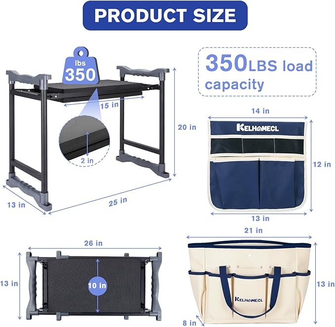 Garden Kneeler and Seat, Extra Wide Thick EVA Pad, Heavy Duty Foldable Garden Bench Holds 350lbs, Ergonomic Kneeling Stool with Garden Tool Pouches, Gardening Gifts for Women, Men & Seniors