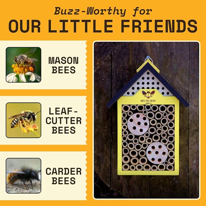 WildYard Bee House - Yellow, Modern Wood - Weather-Resistant Refuge & Solitary Bee House - Easy-Mount Design & Bug Hotel with Removable Tubes - Modular Nesting Tubes & Pollinator Hotel Appeal