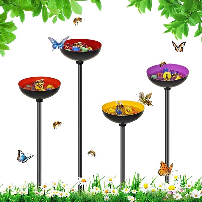 4 Pack Bee Watering Station for Garden, MeyRolizn Outdoors Metal Bee Butterfly Feeder with Glass Marbles, Butterfly Bath Insects Water Bowl for Yard Patio Decor Oval Style