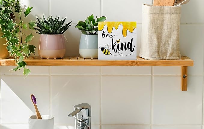 Bee Wooden Box Sign, Summer Decor for Home & Office, Rustic Tabletop Plaque, 5 x 5 Inch