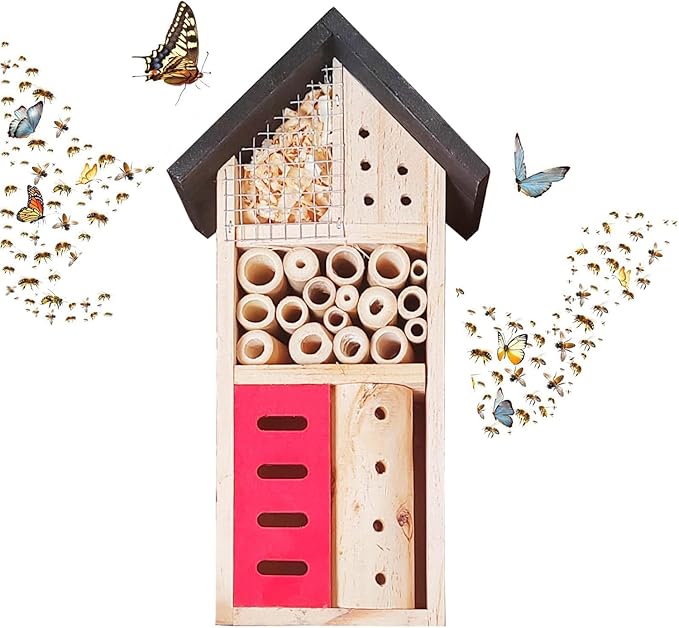 Insect Hotel Hanging Bee House Wooden Insect House, Natural Habitat for Beneficial Bees, Bugs, Butterflys, Ladybirds Garden Yard Home