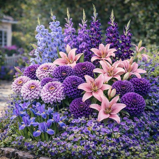 Royal Purple 64-Bulb Butterfly & Bee Pollinator Garden Mix – Premium Dahlias, Gladiolus, Lilies, Dutch Iris & Freesia | Easy-to-Grow Deer-Resistant Perennials | Summer Bloom, Spring Planting