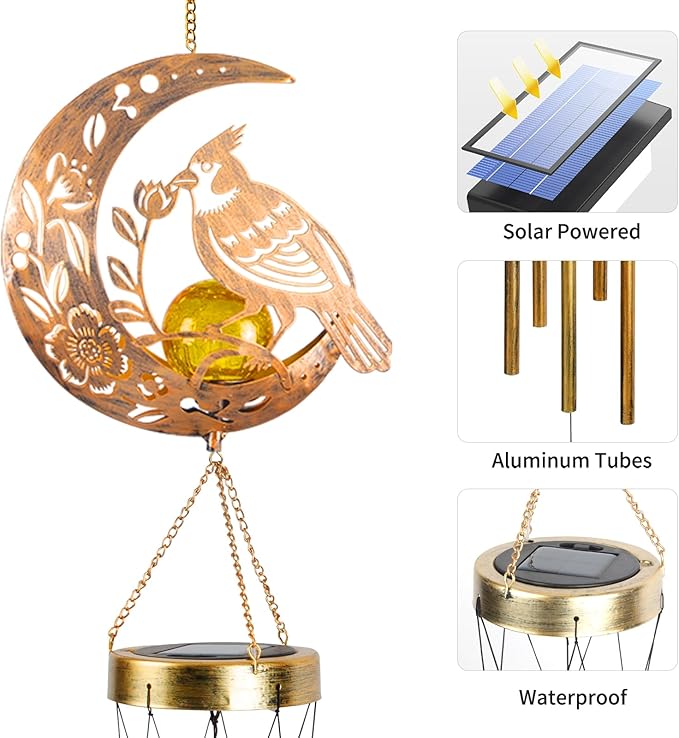 Rosefinch Solar Wind Chime for Outside - Exquisite Vermilion Bird Design, Handmade Aluminum Wind Chimes for Garden/Lawn, Soothing Zen Decor, Gift for Asian-Themed,Housewarming & Meditation Spaces