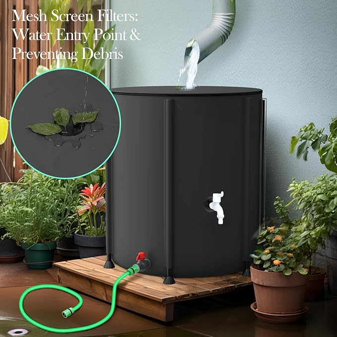 53 Gallon Collapsible Rain Barrel for Garden/Outside/Lawn, Portable Rainwater Collection System, Rain Barrel to Collect Rainwater from Gutter, Water Storage Tank with Two Spigots & Overflow Kit, Black