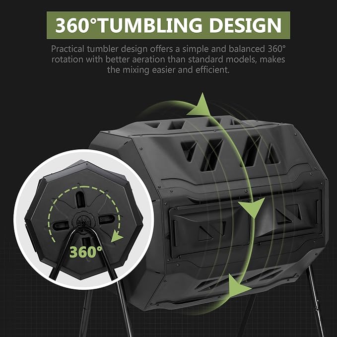 SUPER DEAL Outdoor Compost Tumbler, 43 Gallon Dual Chamber BPA Free Large Compost Bin 360° Rotating Tumbling Composter for Garden Yard, Black