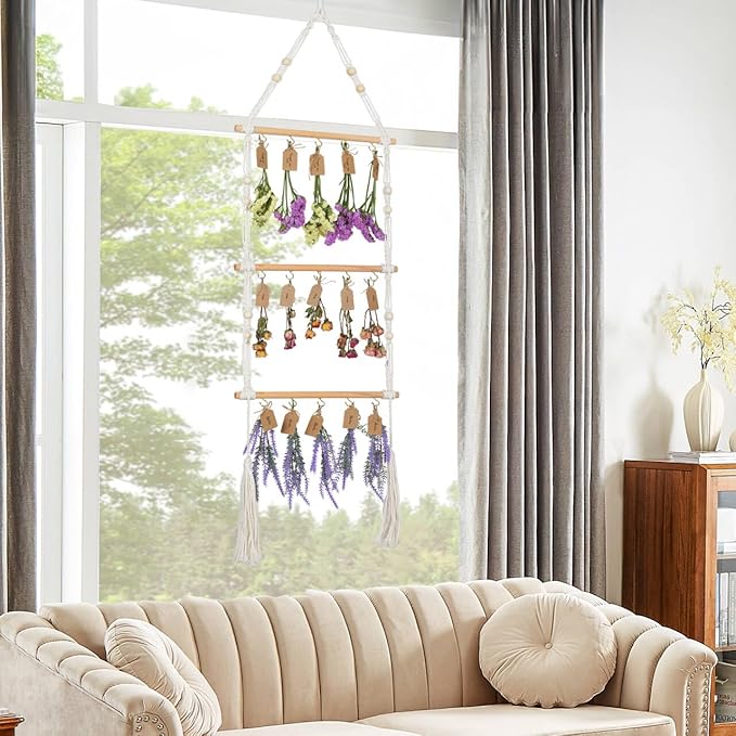 3-Tier Hanging Herb Drying Rack – Includes 30 Brown Gift Tags & 32ft Natural Jute Twine – Handwoven Boho Style Plant Hanger for Drying Herbs, Flowers, Sage – 47" Tall, Home Décor & Gift Idea