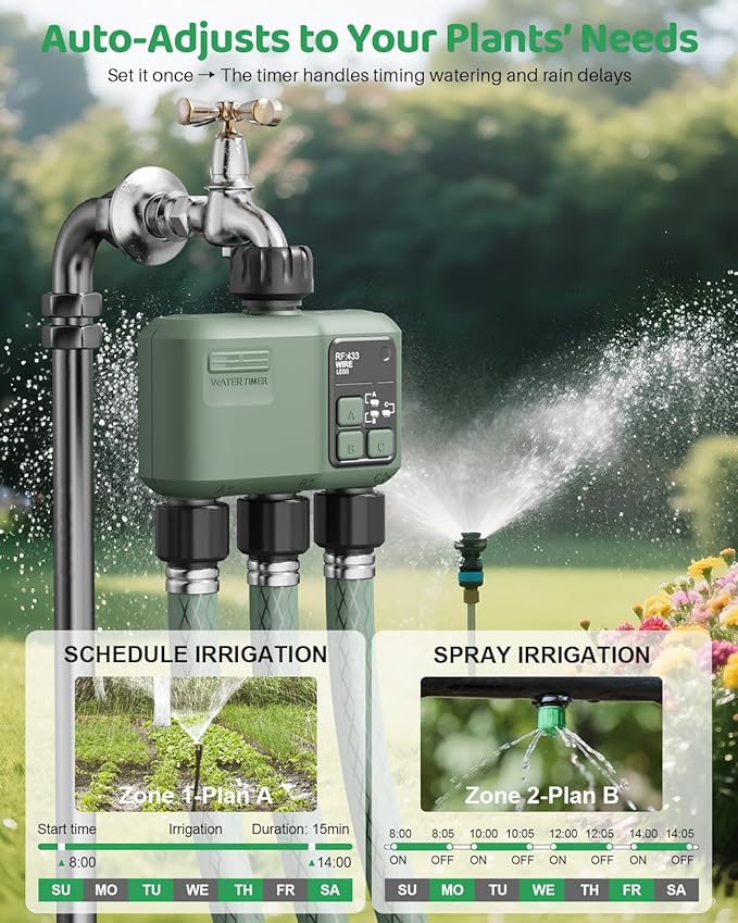 Smart Sprinkler Timer 3 Zone for Garden Hose, WiFi Water Timer with 984ft RF Range, Smart Lawn Watering System Irrigation Controller, APP/Voice Control, Rain Delay, Automatic/Manual Irrigation