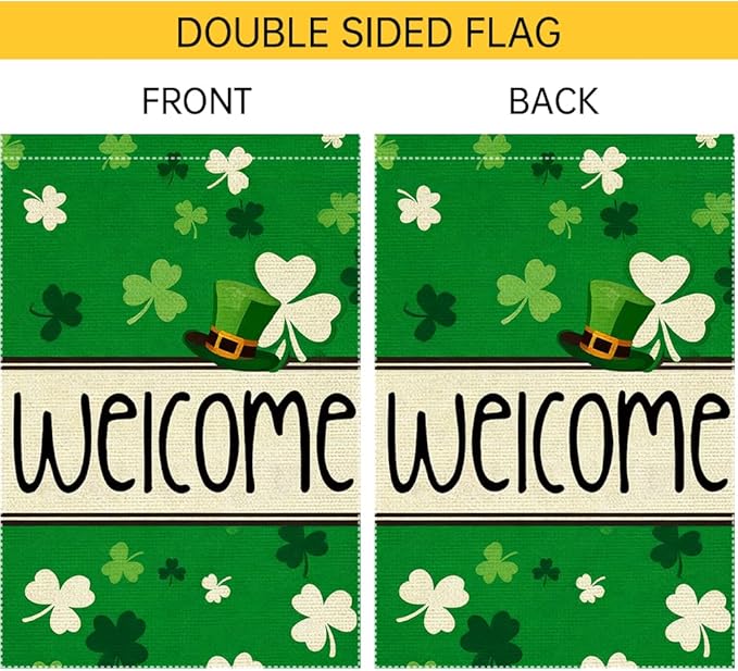 St Patrick's Day Garden Flag 12x18 Inch Double Sided Burlap Welcome Shamrock Leprechaun Hat Green Clover Pattern Outdoor Yard Decor