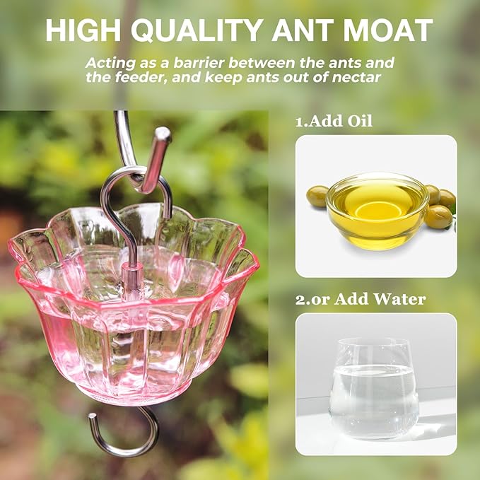 Kingsyard Glass Hummingbird Feeder for Outdoors Wild Bird Feeder with 6 Feeding Ports Hanging for Garden Yard, Pink (Ant Moat Included)