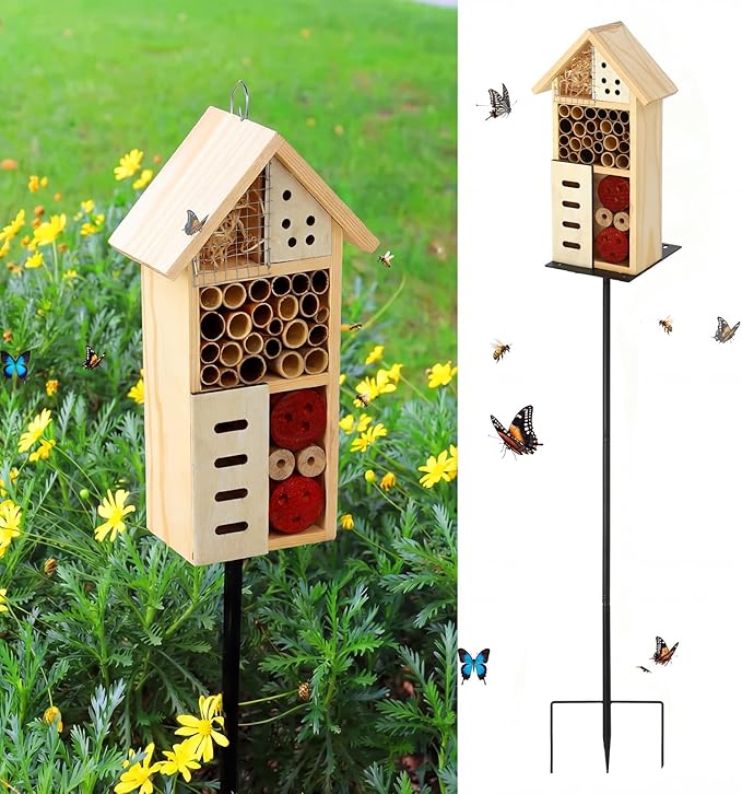Novabright Wooden Insect House with Metal Stake Insect Hotel Bee House Natural Bug Habitat for Bee Butterfly Ladybirds Beneficial Bug Outdoor Garden Backyard