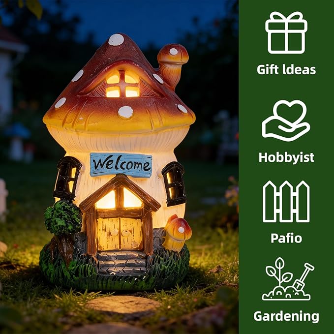 Ferrisland Solar Powered Mushroom House Statue with LED Light, 6.8 Inch Resin Garden Figurine with Welcome Sign, Outdoor Decor for Patio, Lawn, Yard, Pathway, Garden Gifts(Mushroom House)