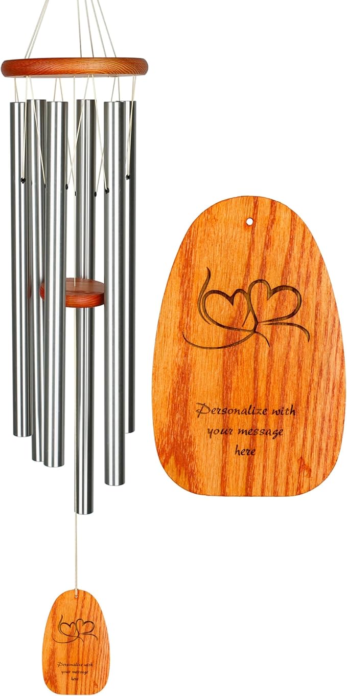 Woodstock Wind Chimes Personalized Amazing Grace Memorial Chime for Outside 40'' Large Silver Customized Double Heart Wind Chime for Outdoor Patio Home Garden Decor & Wedding Gift (P-AGLS15)