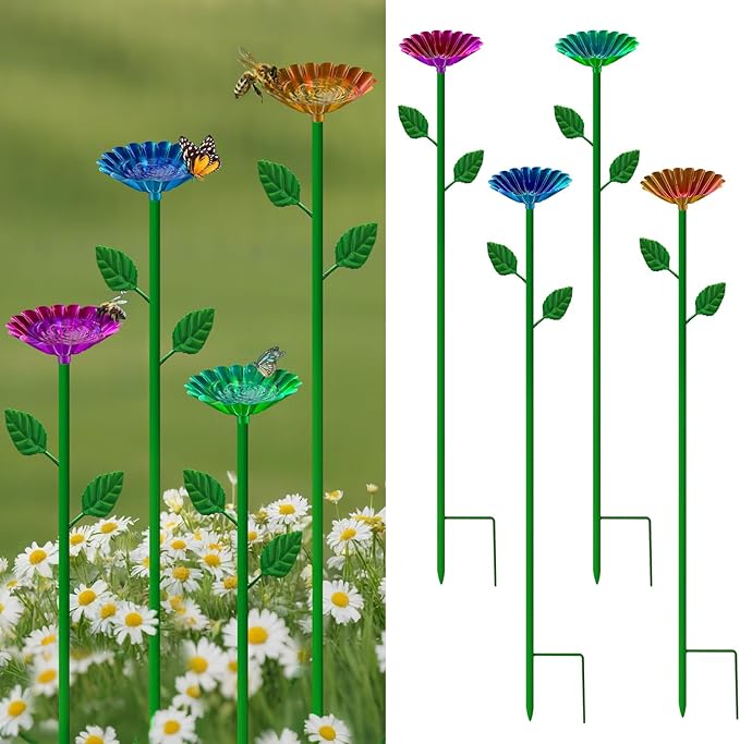 Bee Watering Station, 4 Pack Bee Baths for Garden Metal Bee Feeder with Colorful Flower Design, Butterfly Water Feeder Bowl for Outdoor Garden Yard Decor
