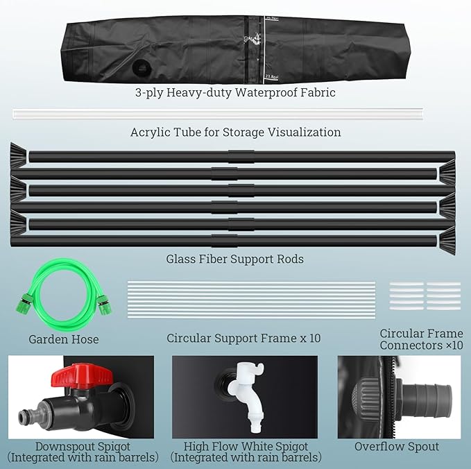 53 Gallon Collapsible Rain Barrel for Garden/Outside/Lawn, Portable Rainwater Collection System, Rain Barrel to Collect Rainwater from Gutter, Water Storage Tank with Two Spigots & Overflow Kit, Black