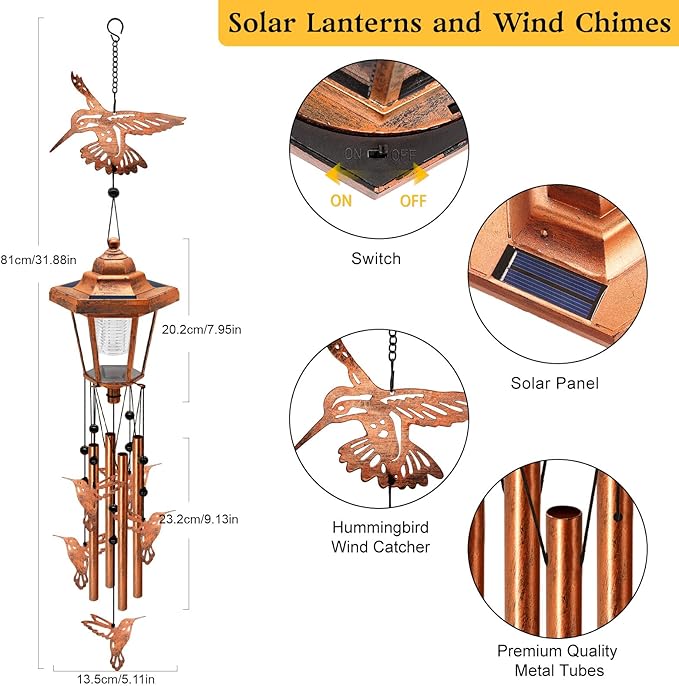 Large Solar Hummingbird Wind Chimes with Wind Catcher/Solar Decor Light to Create a Zen Atmosphere Suitable for Outdoor, Garden, Patio Decor Classic Bronze Wind Chimes as A Memorial Gift for Unisex