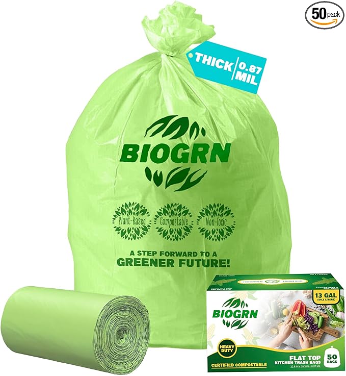 10-13 Gallon Compostable Trash Bags with Flat-Top 50 Bags Thick 0.87 Mil Leakproof Plant-based Tall Kitchen Wet Food Scrap Waste, ASTM D6400, US BPI and OK Compost Home Certified