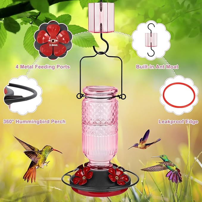 FEED GARDEN Glass Hummingbird Feeder for Outdoors Hanging, 16 OZ Humming Bird Feeders with 4 Bee Guard Feeding Ports & Built-in Ant Moat, Hummingbird Gifts for Mom Bird Feeder for Outside, Pink,2 Pack