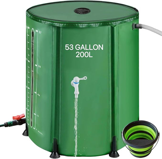 53Gallon/200L Rain Water Collection Barrel, Portable PVC Rain Barrels to Collect Rainwater from Gutter, Large Capacity Rainwater Collection System with Water Level for Garden Water Catcher, Green