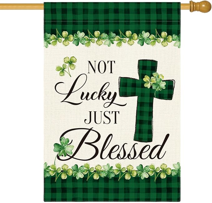AVOIN colorlife Lucky Clover St Patricks Day House Flag Double Sided, Buffalo Plaid Rustic Farmhouse Shamrock Yard Outdoor Flag 28 x 40 Inch