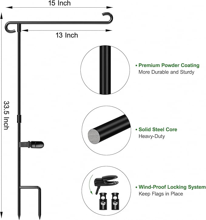 HOOSUN Garden Flag Stand Holder Pole Easy To Install Strong Sturdy Wrought Iron Fits 12.5" x 18" Mini Flag with 1 Tiger Clip Curved Hook With S Type (3 Pack)
