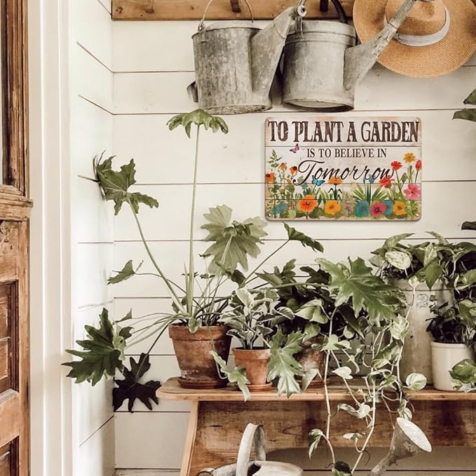 Spring Decorations Spring Wall Decor Vintage Tin Signs, To Plant A Garden Is To Believe In Tomorrow, 8x12 Inch Garden Signs