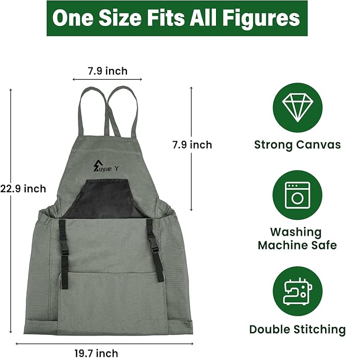 Garden Apron, Gardening Apron with Pockets for Women Men, Canvas Cross Back Harvest Aprons with & Internal Drawstring Bag