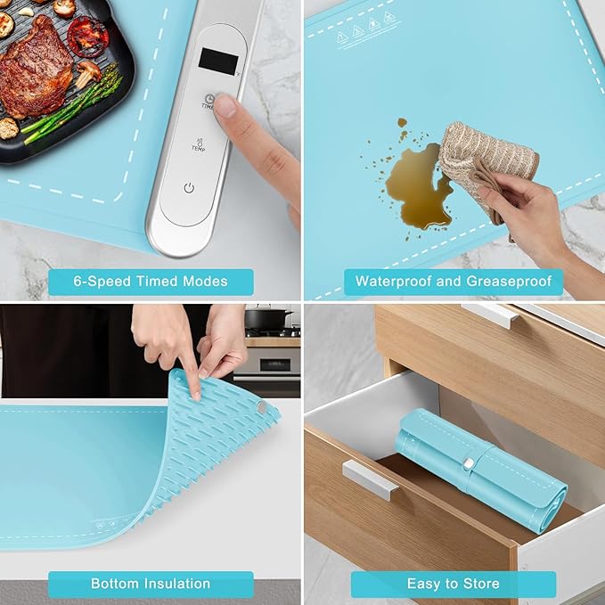 FYY Warming Mat for Food - Rapid and Full Surface Heating, 6 Temp Settings, 6H Timer, Rollable Portable Food Warming Mat, Ideal for Gatherings, Parties, Keep Meal Warm (X Large Size, Mint Green)