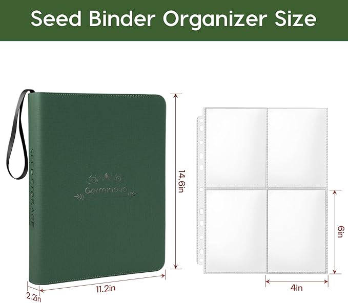 Seed Storage Binder with Handle,120 Pockets Seed Packet Organizer, A4 Size Gardener Notebook with Zipper Closure, 30 Clear Pages for 4x6 Photo/Seed Packets, Garden Seed Keeper (Upgraded Version)