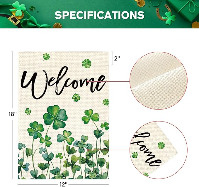 AVOIN colorlife St Patricks Day Garden Flag 12x18 Inch Double Sided Outside, Shamrocks Four-leaf Clovers Welcome Yard Outdoor Flag