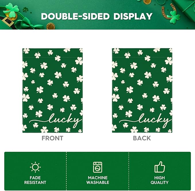 AVOIN colorlife St Patricks Day Lucky Garden Flag 12x18 Inch Double Sided Outside, Floral Small Burlap Shamrocks Clovers Yard Outdoor Decoration